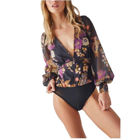 FREE PEOPLE NWT Wanderlust Bodysuit in Black Combo // S - Picture 1 of 13